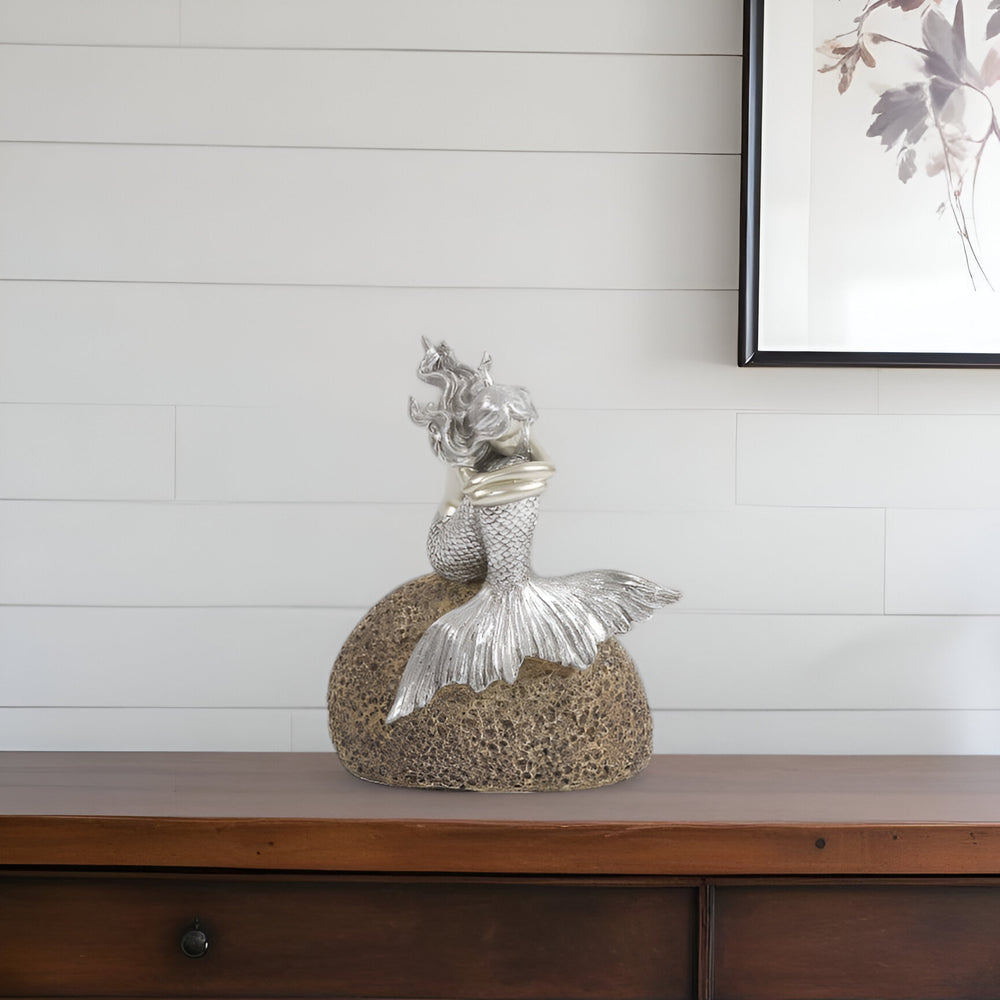 Homeroots 10" Brown And Silver Contemplative Mermaid Resin Tabletop Sculpture  Resin 401222