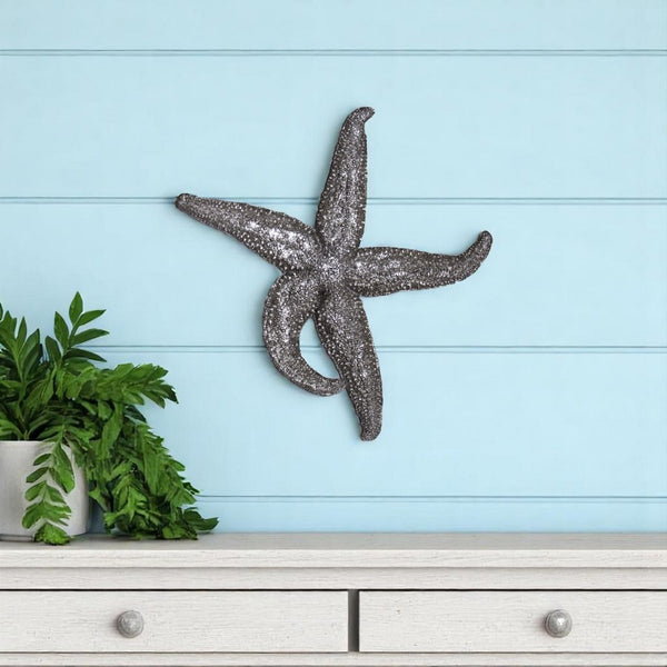 HomeRoots 15" Antiqued Silver Starfish Sculpture - Coastal Wall Art for Beach Homes & Nautical Decor Style 401228