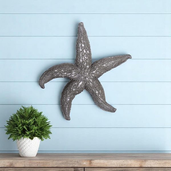 HomeRoots 19" Antiqued Silver Starfish Wall Decor - Coastal Elegance Sculpture for Beachy Homes & Offices 401229