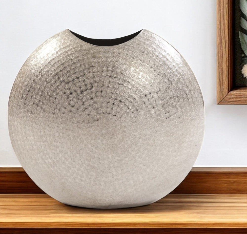 HomeRoots 14" Elegant Silver Hammered Aluminum Table Vase - Modern Scandinavian Design for Any Decor Style 401233