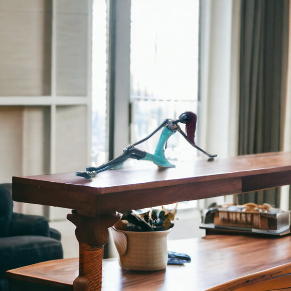 Homeroots West African Vintage Hand Cast Bronze Female Figurine From Burkina Faso In Sky Blue Dress  Cast Iron 401239