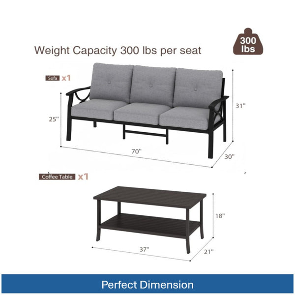 English Elm 2 Piece Outdoor Steel Sofa Set with Coffee Table Powder Coated for All Weather Patios Black+ Gray B082P455153
