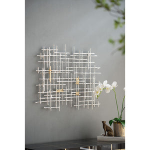 Homeroots Contemporary Large White And Gold Geo Grid Wall Art  80% Iron,20% Paper 401274