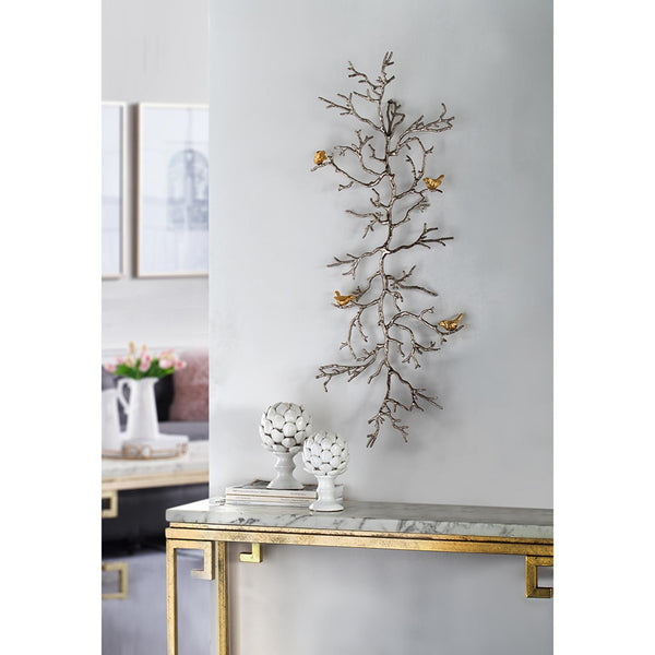 Homeroots Modern 44" Silver Branch And Golden Birds Wall Art  100% Aluminum 401278