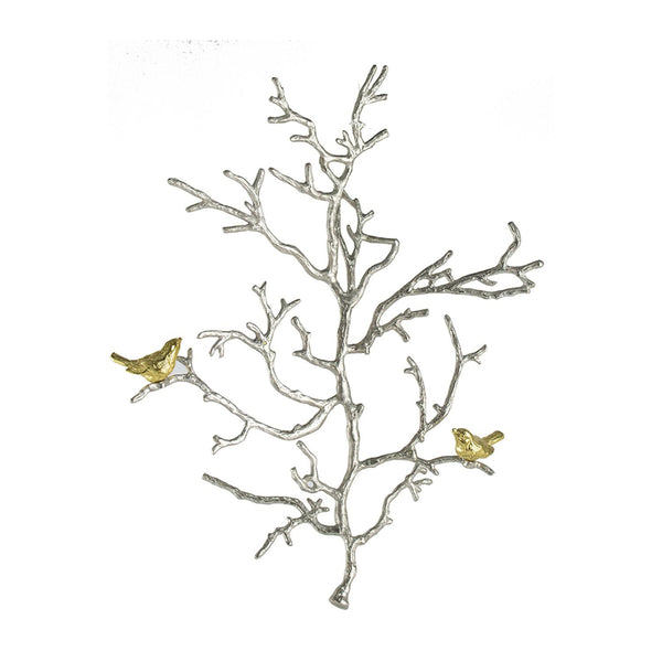 Homeroots Modern 22" Silver Branch And Golden Birds Wall Art  100% Aluminum 401279
