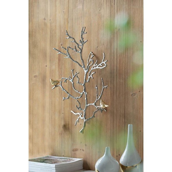 Homeroots Modern 22" Silver Branch And Golden Birds Wall Art  100% Aluminum 401279