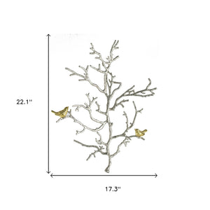 Homeroots Modern 22" Silver Branch And Golden Birds Wall Art  100% Aluminum 401279