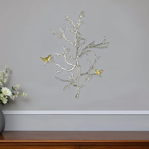 Homeroots Modern 22" Silver Branch And Golden Birds Wall Art  100% Aluminum 401279