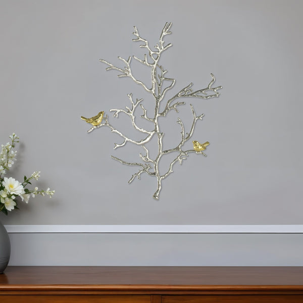 Homeroots Modern 22" Silver Branch And Golden Birds Wall Art  100% Aluminum 401279
