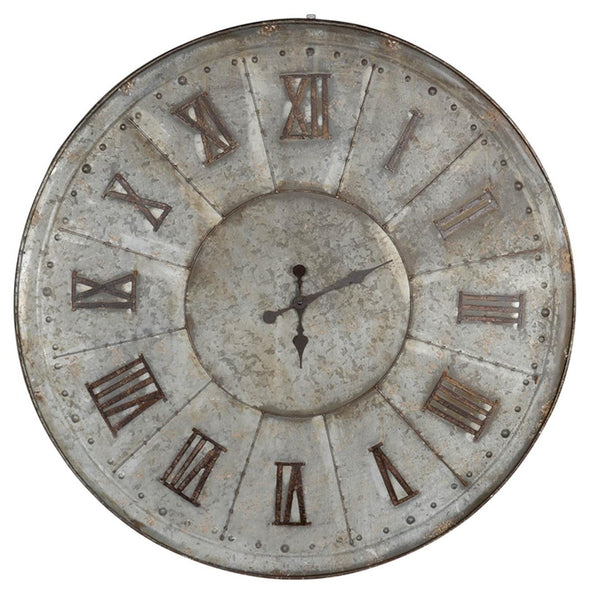 HomeRoots 39" Oversized Rustic Galvanized Metal Wall Clock with Roman Numerals – Perfect for Modern Farmhouse Decor 401287
