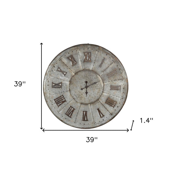 HomeRoots 39" Oversized Rustic Galvanized Metal Wall Clock with Roman Numerals – Perfect for Modern Farmhouse Decor 401287