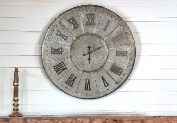 HomeRoots 39" Oversized Rustic Galvanized Metal Wall Clock with Roman Numerals – Perfect for Modern Farmhouse Decor 401287