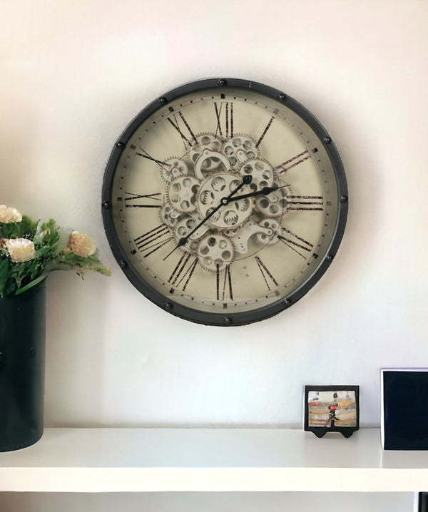 HomeRoots 18" Black and Ivory Vintage Gear Industrial Wall Clock - Stylish Statement Piece for Any Space 401296