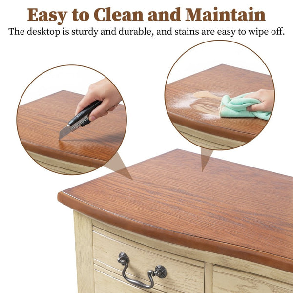 English Elm 46" Vintage Dressing Table Floral Carved Mirror 5 Drawers Stool Bedroom Vanity N704P381405K