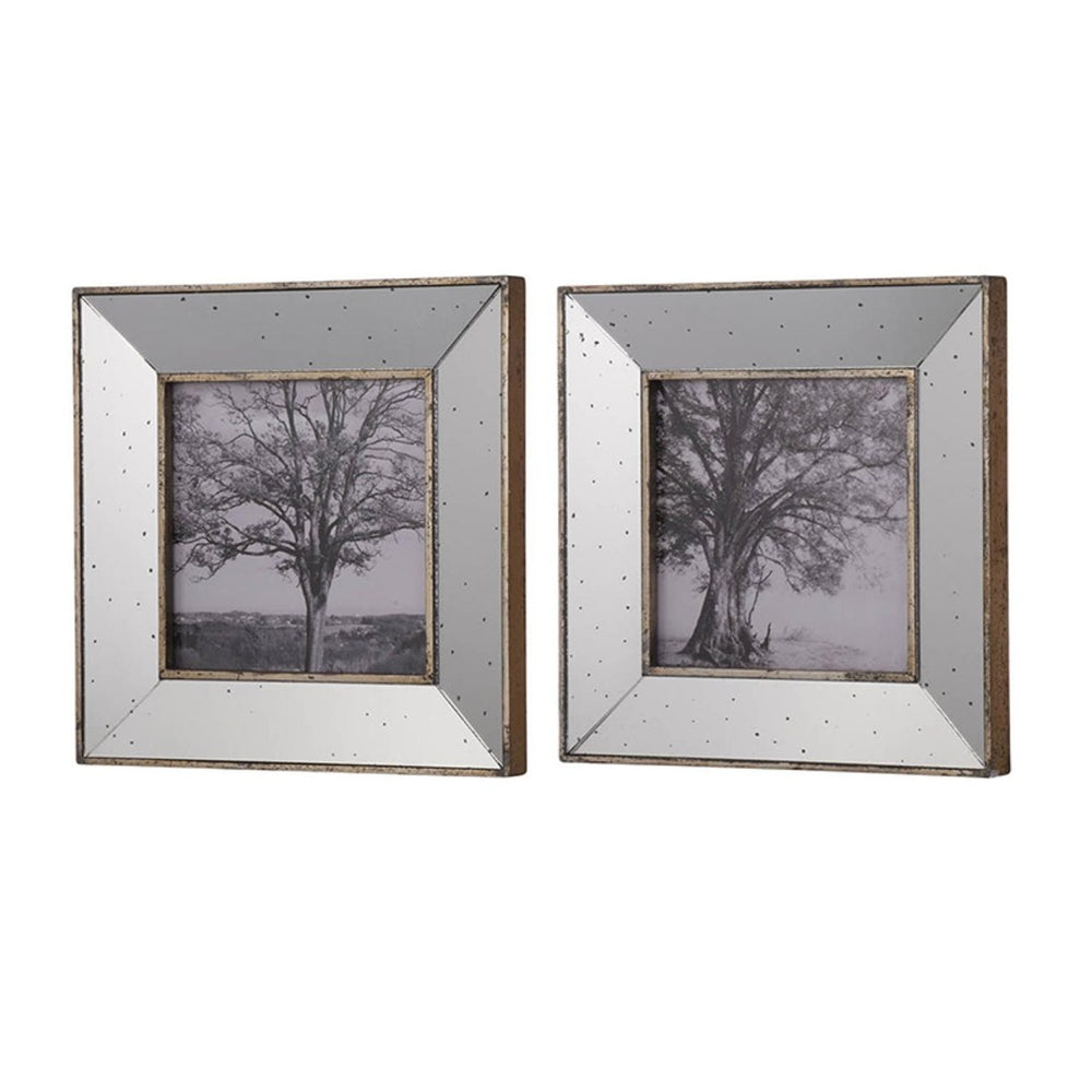 HomeRoots Set of Two Gray Square Framed Art Pieces – Handcrafted Vintage Elegance with Mirrored Depth and Charm 401302