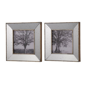 HomeRoots Set of Two Gray Square Framed Art Pieces – Handcrafted Vintage Elegance with Mirrored Depth and Charm 401302