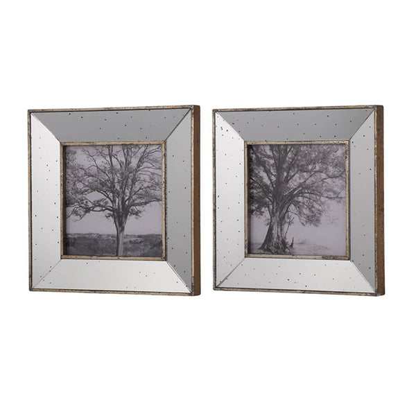 HomeRoots Set of Two Gray Square Framed Art Pieces – Handcrafted Vintage Elegance with Mirrored Depth and Charm 401302