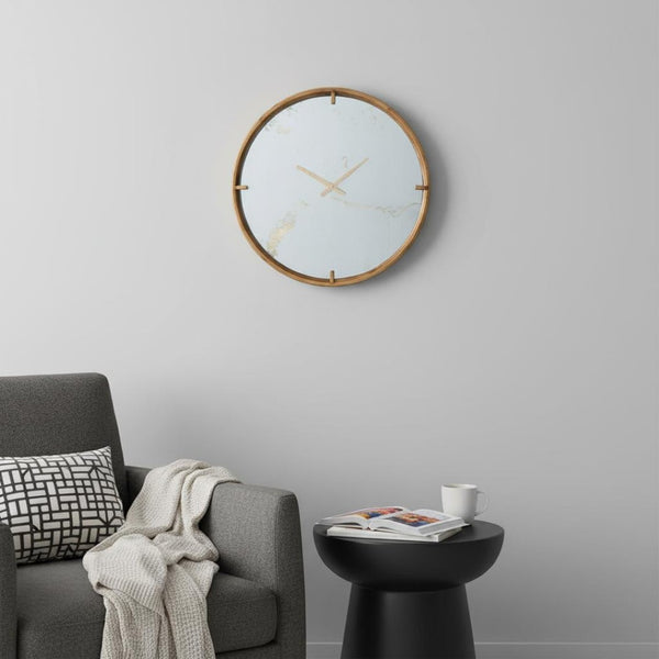 HomeRoots 2" Round Gold Wood Analog Wall Clock - Modern Minimalist Timepiece with Glamorous Brass Accents 401313