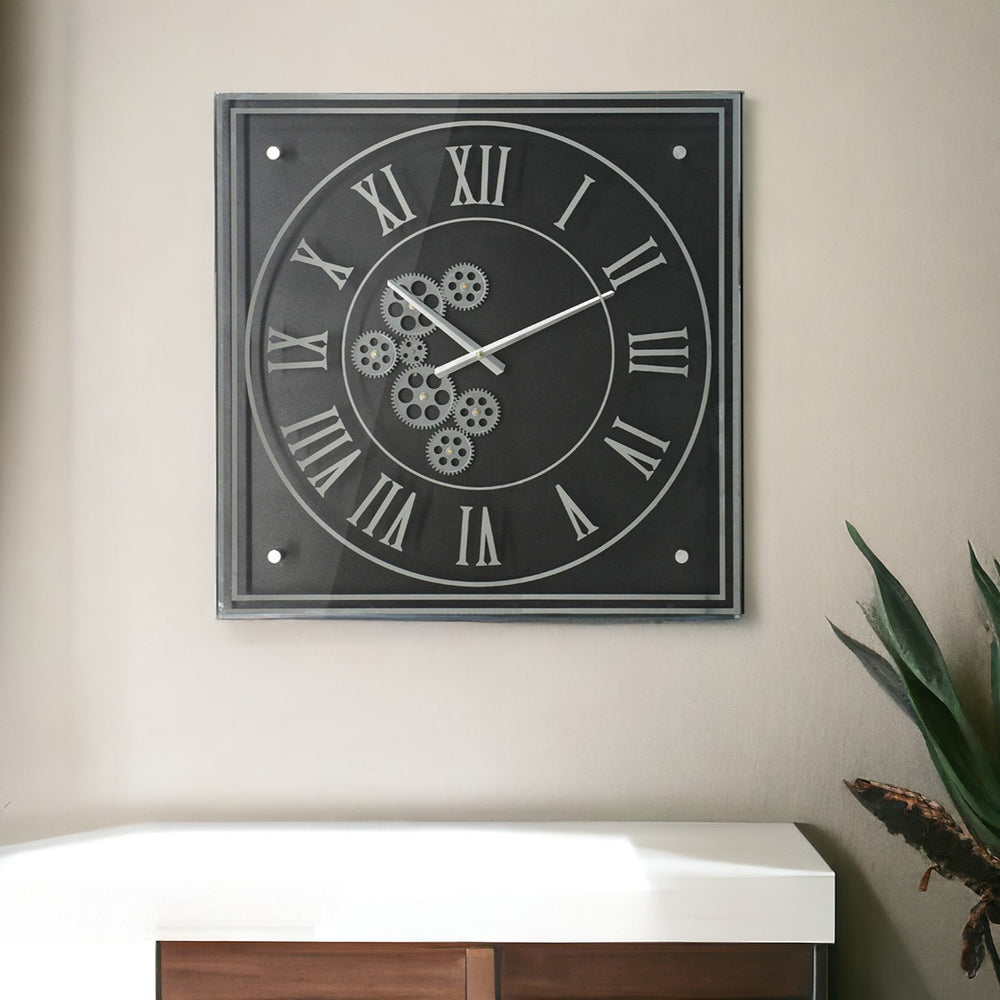 Homeroots 24" Black And Silver Vintage Style Gears Square Wall Clock  45% Iron,45% Glass,10% Plastic 401314
