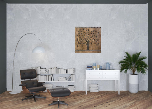 HomeRoots 36" Rustic Brown Mango Wood Square Hanging Tapestry - Handcrafted Vintage Wall Art for Any Room 401319