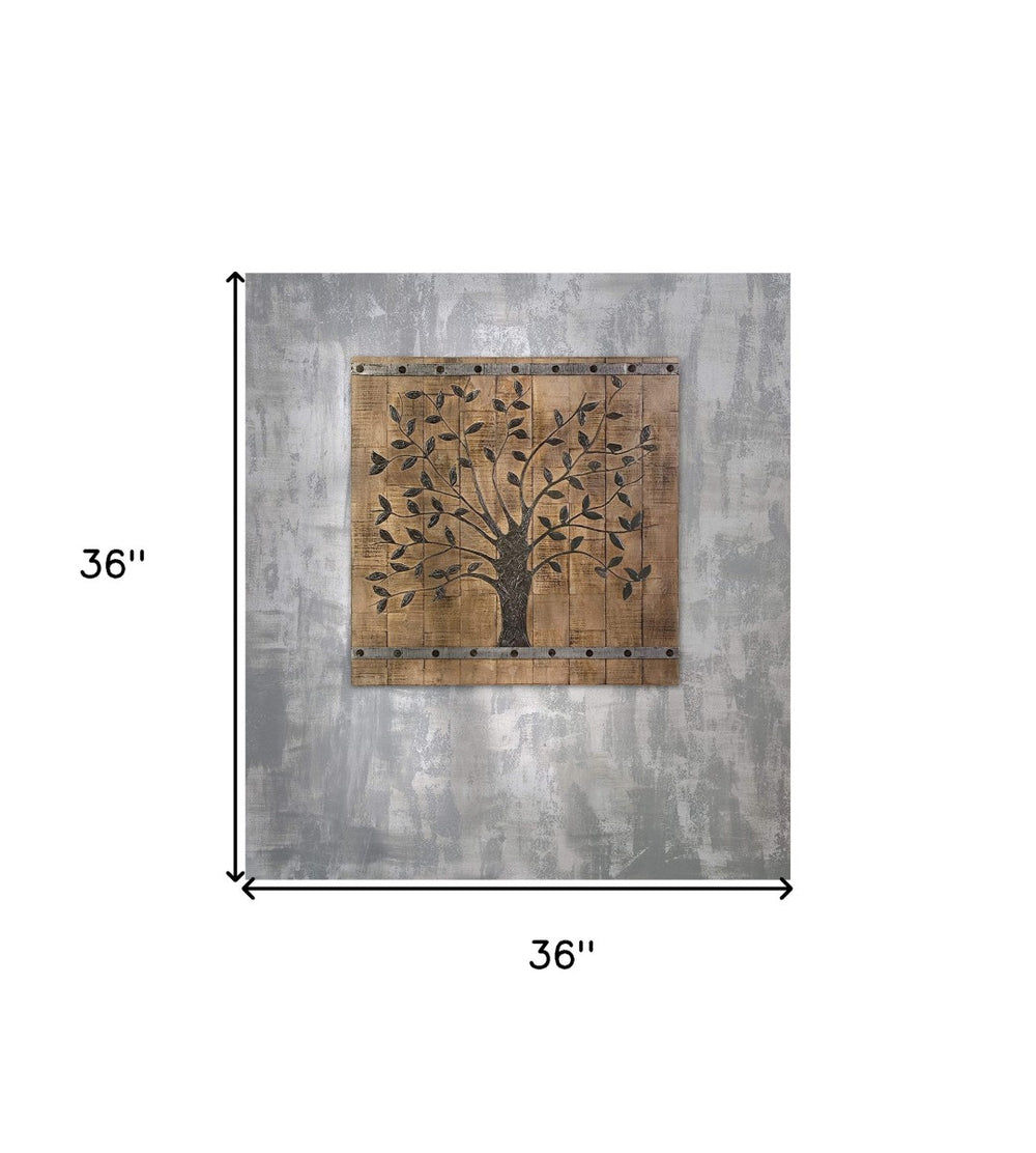 HomeRoots 36" Rustic Brown Mango Wood Square Hanging Tapestry - Handcrafted Vintage Wall Art for Any Room 401319