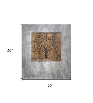 HomeRoots 36" Rustic Brown Mango Wood Square Hanging Tapestry - Handcrafted Vintage Wall Art for Any Room 401319