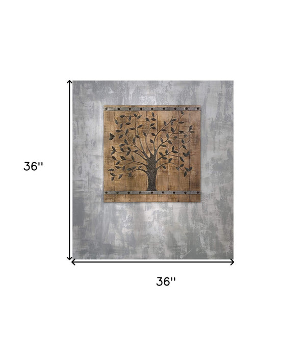 HomeRoots 36" Rustic Brown Mango Wood Square Hanging Tapestry - Handcrafted Vintage Wall Art for Any Room 401319