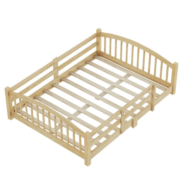 English Elm Full Montessori Pine Wood Floor Bed with Safety Rails Low Profile Kids Room Frame Natural N733P400299N