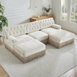 English Elm U Shaped Modular Sectional Sofa Chesterfield Tufted Velvet with Tassel Fringe Skirt Beige W714S01687