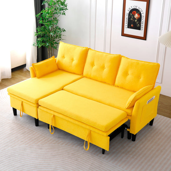 English Elm L-Shaped Reversible Chaise Sectional Sofa with Storage and Fold-Out Bed Cotton-Linen Modern Design Yellow W3371S00027