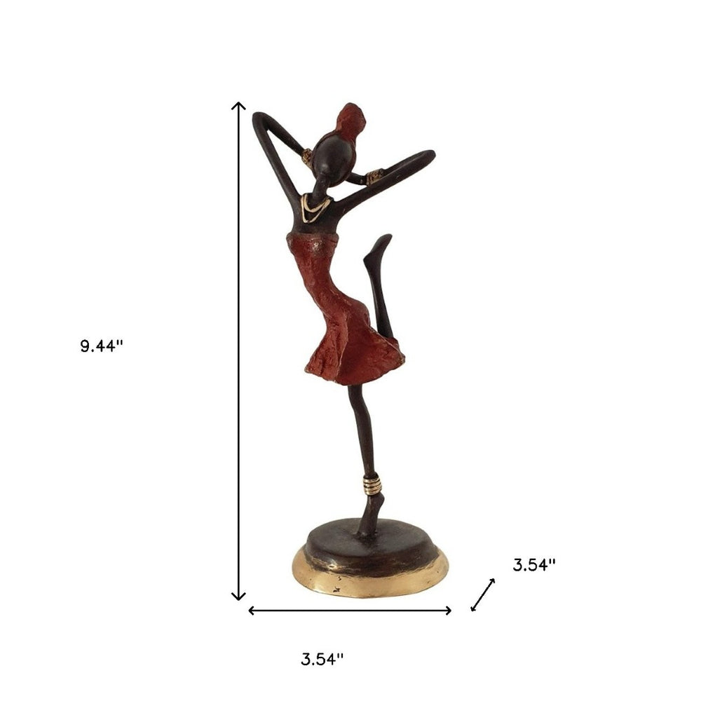 HomeRoots Bronze African Dancer Figurine in Vibrant Red Dress - Hand-Painted, Solar-Powered Accent Decor 401524