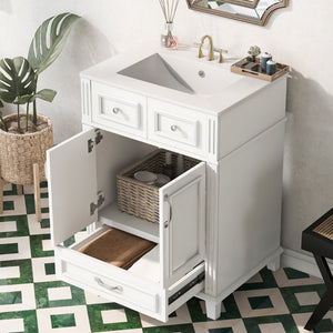 English Elm 24'' Retro Bathroom Vanity Solid Rubberwood Frame Ceramic Sink Soft Close Storage White N710P405405K