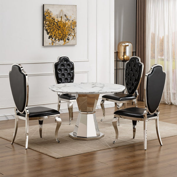 English Elm 47" Round Marble Dining Table | Modern High Gloss Faux Marble & Stainless Steel Base For Any Space W3456S00003