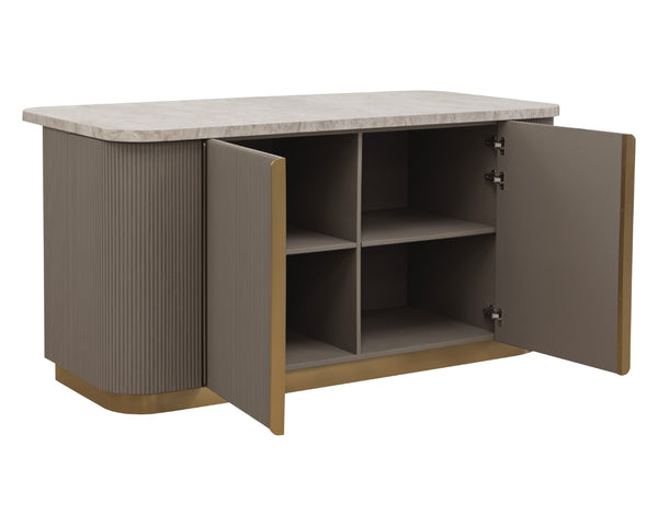 Sunpan CATALDI Kitchen Island with Marble Top & Taupe Faux Leather – Elegant Versatile Prep & Workspace 112291
