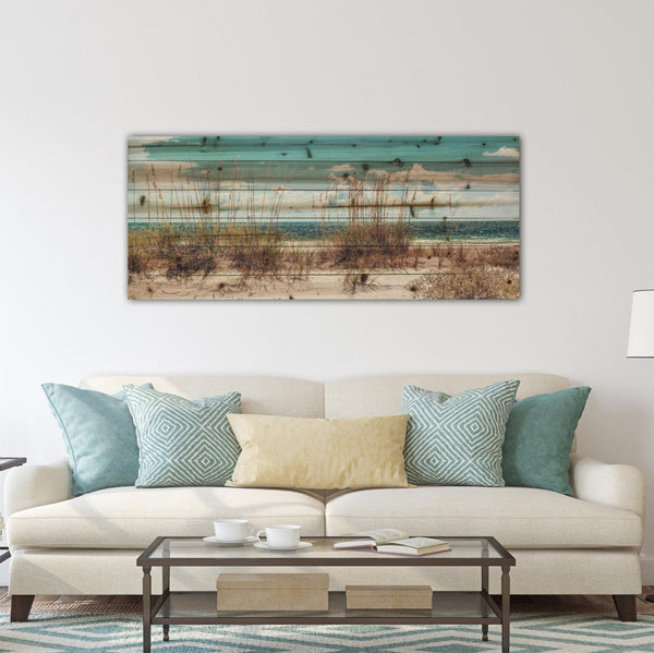 HomeRoots Long Ocean Sand Dunes Mounted Wall Art - Multi-Color Nautical Photography on Rustic Wood Finish 401630