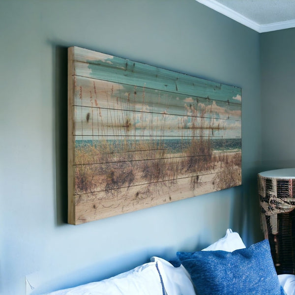 HomeRoots Long Ocean Sand Dunes Mounted Wall Art - Multi-Color Nautical Photography on Rustic Wood Finish 401630