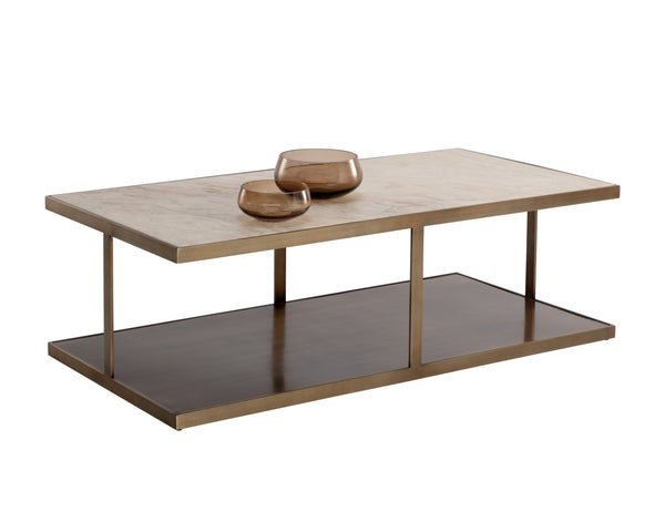 Sunpan Kamali Coffee Table - Elegant Beige Marble Top with Antique Gold Base for Luxurious Living Spaces