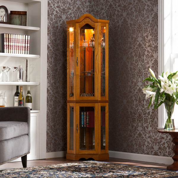 Homeroots Golden Oak Scallop Top Lighted Corner Curio Cabinet  Oak,Mdf,Oak Veneer,Temp  Glass,Mirror,Metal 401661