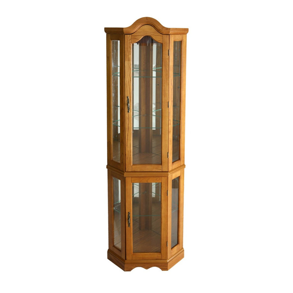 HomeRoots Golden Oak Lighted Corner Curio Cabinet with Scalloped Design, Adjustable Shelves & Mirrored Back 401661