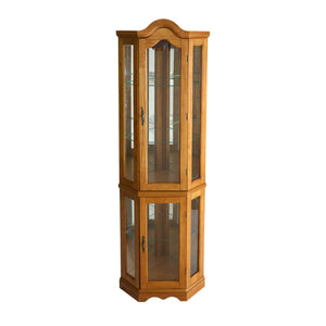 Homeroots Golden Oak Scallop Top Lighted Corner Curio Cabinet  Oak,Mdf,Oak Veneer,Temp  Glass,Mirror,Metal 401661