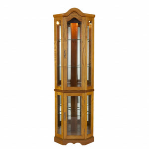 Homeroots Golden Oak Scallop Top Lighted Corner Curio Cabinet  Oak,Mdf,Oak Veneer,Temp  Glass,Mirror,Metal 401661