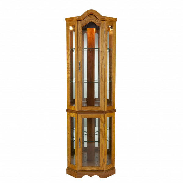 Homeroots Golden Oak Scallop Top Lighted Corner Curio Cabinet  Oak,Mdf,Oak Veneer,Temp  Glass,Mirror,Metal 401661