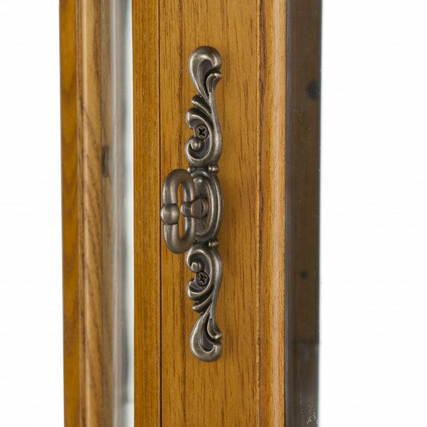 Homeroots Golden Oak Scallop Top Lighted Corner Curio Cabinet  Oak,Mdf,Oak Veneer,Temp  Glass,Mirror,Metal 401661