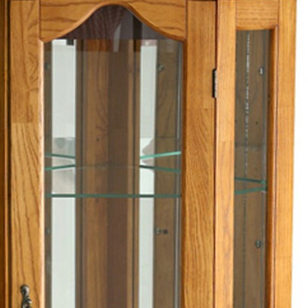 Homeroots Golden Oak Scallop Top Lighted Corner Curio Cabinet  Oak,Mdf,Oak Veneer,Temp  Glass,Mirror,Metal 401661