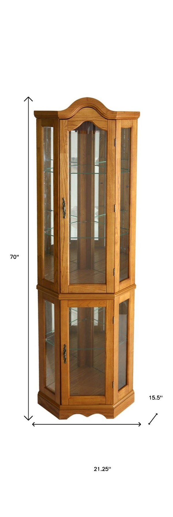 HomeRoots Golden Oak Lighted Corner Curio Cabinet with Scalloped Design, Adjustable Shelves & Mirrored Back 401661