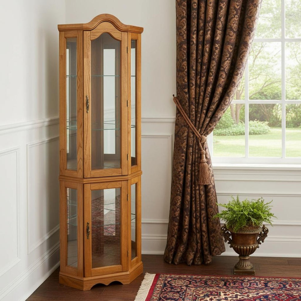 HomeRoots Golden Oak Lighted Corner Curio Cabinet with Scalloped Design, Adjustable Shelves & Mirrored Back 401661