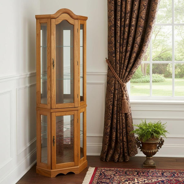 HomeRoots Golden Oak Lighted Corner Curio Cabinet with Scalloped Design, Adjustable Shelves & Mirrored Back 401661