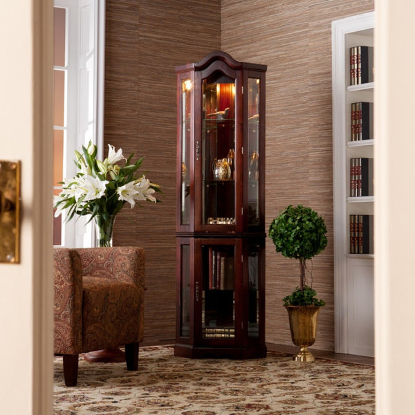 HomeRoots Mahogany Scallop Top Lighted Corner Curio Cabinet – Elegant Display with Adjustable Shelves & Storage 401662