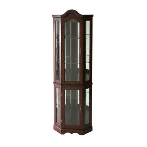 HomeRoots Mahogany Scallop Top Lighted Corner Curio Cabinet – Elegant Display with Adjustable Shelves & Storage 401662