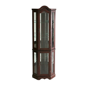 HomeRoots Mahogany Scallop Top Lighted Corner Curio Cabinet – Elegant Display with Adjustable Shelves & Storage 401662